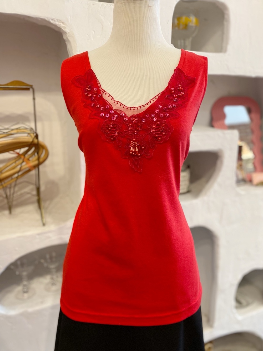 Vintage Red Cotton Blend Tank Top with Beaded and Sequinned Mesh Appliqué